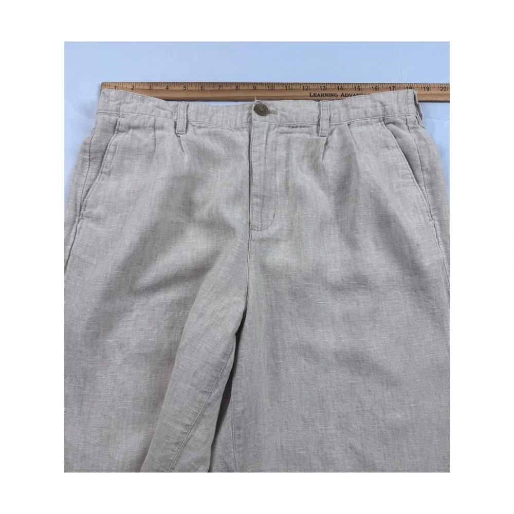 Lands End Womens 14 High Rise 100% Linen Pleated Wide Leg Pants Oatmeal Beige